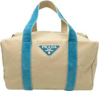 Prada Beige Blue Canvas Leather Tote Bag (Pre-Owned)