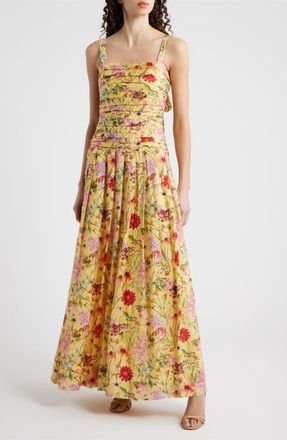 Julia Jordan Pleated Floral Print Sleeveless Gown in Yellow Multi at Nordstrom, Size 14