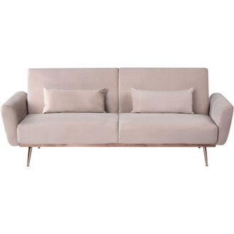 Beliani Sofa Bed Taupe Velvet Upholstery Metal Legs 3 Seater with Additional Cushions Retro Convertible Sleeping Function EINA
