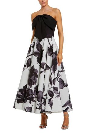 Mac Duggal Womens Crepe Printed Strapless Midi Dress With Bow in Black Multi at Nordstrom, Size 10