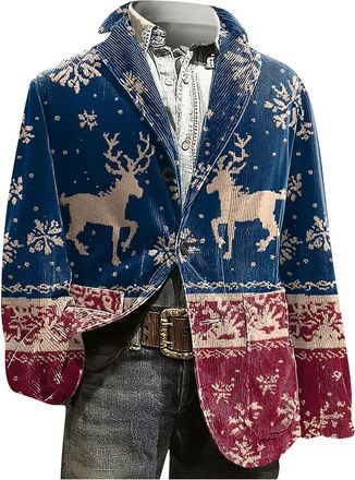 Generic Christmas Corduroy Blazer for Men Ugly Christmas One Button Blazers Casual Lapel Suit Jacket Party Holiday Jack with Pockets