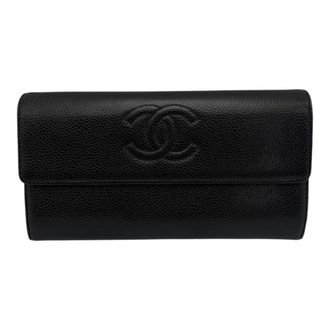 Chanel Black Leather Long Wallet (Bi-Fold) (Pre-Owned)