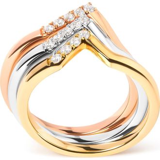 House of Brilliance 14K Gold 1/4 Cttw Diamond Chevron V Stackable Band Ring Set in Yellow at Nordstrom, Size 7