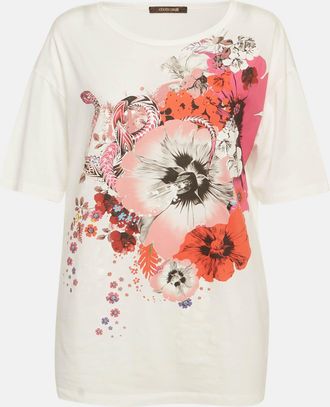 Roberto Cavalli White Floral Printed Cotton Knit T-Shirt