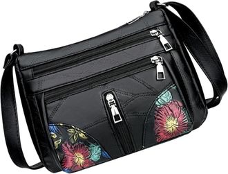 Frcolor PU Synthetic Leather Crossbody Bag Lightweight Shoulder Messenger Pouch with Zipper Pockets for Women and Solid Black Purse for Daily Use and Travel