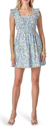 English Factory Floral Ruffle Strap Fit & Flare Cotton Minidress in Blue Multi at Nordstrom Rack, Size X-Small