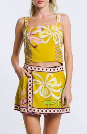 Ciebon Loren Crop Linen Blend Top in Yellow Multi at Nordstrom, Size Medium