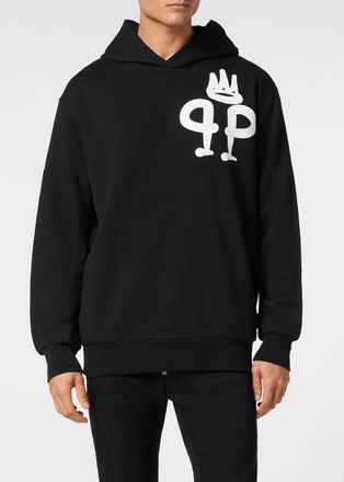 Philipp Plein Felpa con cappuccio in cotone con tasca a marsupio e logo a contrasto