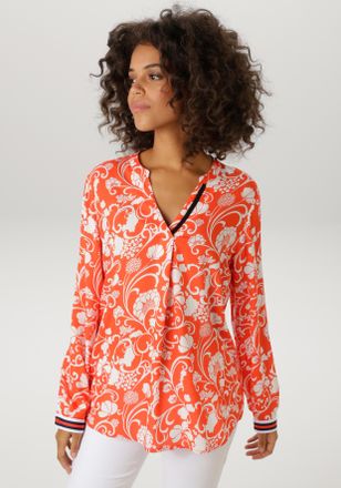 Aniston Schlupfbluse ANISTON CASUAL, Damen, Gr. 38, rot, wei&szlig;, schwarz, Web, Obermaterial: 100% Viskose, bedruckt, gebl&uuml;mt, l&auml;ssig geschnitten Po-bedeckend, V