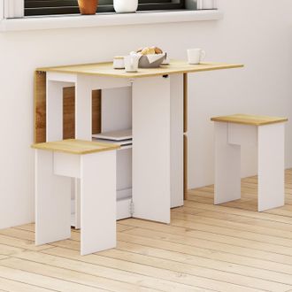 IDMarket Edi Consola Plegable Para 2-4 Personas De Madera Blanca Con Tablero De Haya Y 4 Taburetes