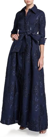 Teri Jon Belted Jacquard Shirtdress Gown