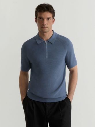 Reiss Airforce Blue Textured-knit Half-zip Polo Shirt, Xxl