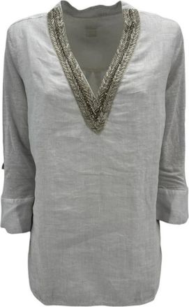120% Lino Parel Linnen Blouse met Kralenversieringen - Dames - Tunieken - Wit - S - Linnen - Overhemden