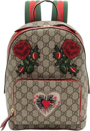 Gucci Beige Gg Supreme Canvas Embroidered Heart Roses Day Small Backpack (Authentic Pre-Loved)