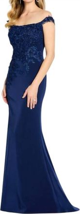 Cameron Blake Embroidered Bodice Off The Shoulder Dress In Blue Willow