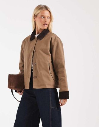 Asos Giacca da campo in velluto a coste a contrasto color pietra-Neutro