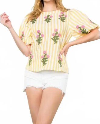 THML Clothing Striped Embroidered Top In Yellow/white