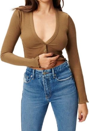 Good American Essential Rib Cardigan Sweater In Sepia