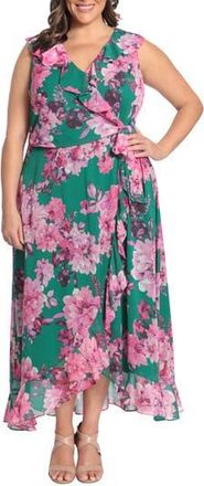 London Times Chiffon Ruffle Dress in Green/Pink at Nordstrom Rack, Size 24W