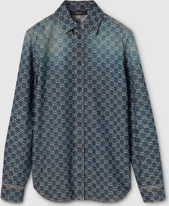 Gucci GG Cotton Denim Jacquard Shirt, Size 42 it, Blue, Ready-to-wear