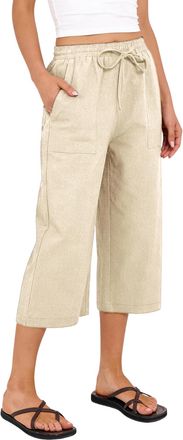 Generic Capri Pants for Women UK Cotton Linen Summer Cropped Trousers Trendy 2026 Elastic Waist Palazzo Wide Leg Pants with Pockets Lounge Yoga Beach 3/4 Leng