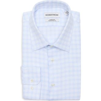 Nordstrom Traditional Fit Check Premium Non-Iron Cotton Dobby Dress Shirt in Blue Elena Grid at Nordstrom, Size 17.5 - 34