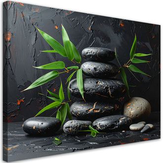 Feeby Cuadro En Lienzo, Piedras Zen Spa Negras Hojas Sobre Fondo Negro, 120x80