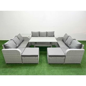 Fimous Pe Rattan Lounge Sofa Set 11 Seater Outdoor Garden Furniture Set with Rectangular Dining Table 3 Seater Sofa 2 Big Footstools 2 Side Table Light Grey