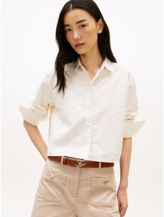 Tommy Hilfiger Womens Embellished Cropped Poplin Shirt - White - XL