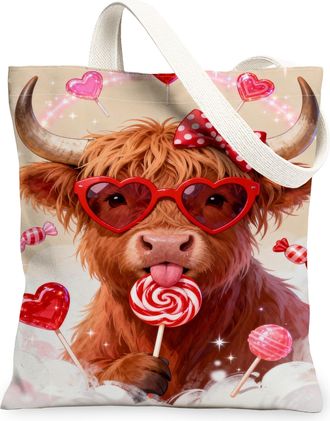 Generic ValentineS Day Cow Canvas Tote Bags, Cute Animal Pattern Reusable Grocery Bags, Fun Vintage Lightweight Washable Shoulder, Peach, 13x15 Inch