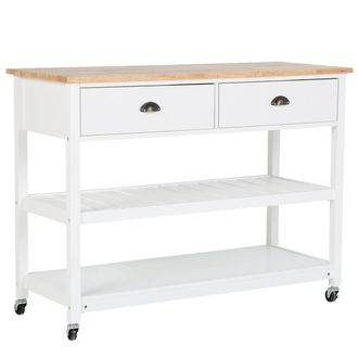 Beliani Carrito De Cocina Blanco Encimera Madera Clara 2 Estantes 2 Cajones Para Cubiertos Ruedas Estilo Moderno Escandinavo Navarino