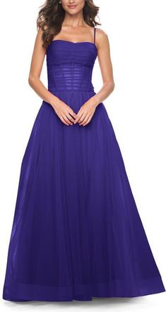 La Femme A-line Square Neck Tulle Ballgown with Illusion Waist in Indigo at Nordstrom, Size 00