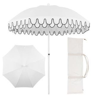 Jonathan Y Designs Horizon Coastal Scalloped Edge Beach Umbrella with Fringe, Push-Button Tilt, UV 50 Outdoor Canopy and Portable Carry Bag in White - White