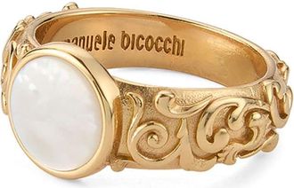 Emanuele Bicocchi arabesque engraved chevalier ring - unisex - 24kt Gold Plated Sterling Silver/Mother of Pearl - 22