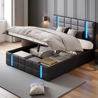 OEM Cama Doble 160x200 - Cofre Hidr&aacute;ulico - Iluminaci&oacute;n Rgb - Usb Integrados - Dise&ntilde;o Minimalista Negro