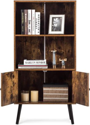 Costway Libreria In Stile Retro, Scaffale Portaoggetti A 2 Ripiani Con Armadio, Decorazione In Salotto, Studio, Ufficio, Marrone Vintage, 60 X 30 X 120 Cm