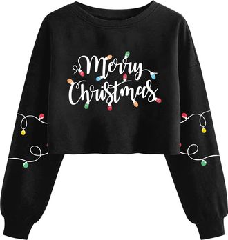 Generic Christmas Sweatshirts for Women Funny Graphic Long Sleeve Shirts Cropped Tops Christmas Tree Red Wine Glasses Santa Print Crewneck Cute Xmas Holiday P