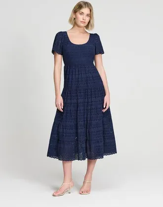 Finery Jemma Cotton Broderie Tiered Midi Dress in Navy at Nordstrom, Size 20