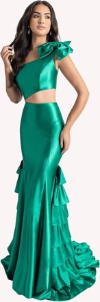 Rachel Allan One Shoulder Fitted Satin Prom Dress In Emerald