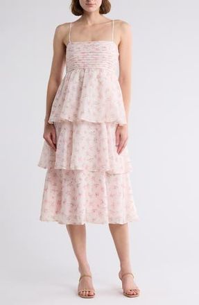 Lush Flounce Pleated Tiered Midi Dress in Pink Floral at Nordstrom Rack, Size X-Small