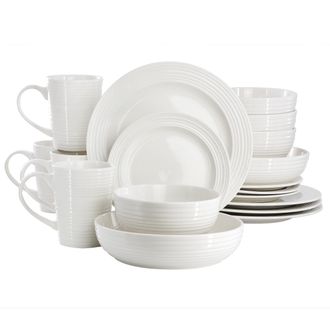 Elama Nikki 18 Piece Ribbed White Porcelain Dinnerware and Serving Bowl Set