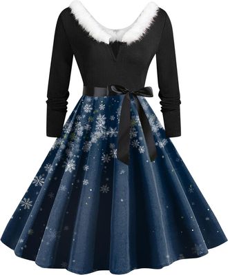 Generic Christmas Dress Womens V Neck Long Sleeve Winter Dress Elegant Perfect Party Printed Xmas Costume Swing Dresses Womens Christmas Sweatshirt Outfits Sw