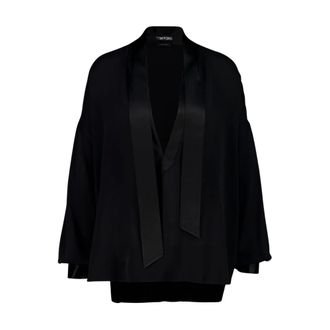 Tom Ford Washed Silk Tunic Shirt with Tuxedo Details - female - Tom Ford - Tunics - Black - M - Blouses & Shirts