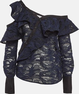 Self Portrait Self Portrait Blue Guipure Lace One-Shoulder Top