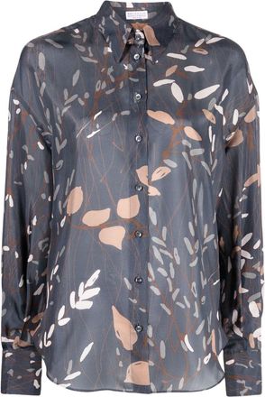 Brunello Cucinelli leaf-print silk shirt - women - Silk - M - Blue