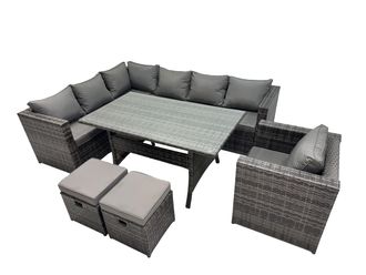 Fimous Outdoor PE Rattan Sofa Set with with Chair 2 Small Stool in Dark Grey