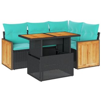 vidaXL 5 Piece Garden Sofa Set with Cushions Black Poly Rattan Acacia vidaXL