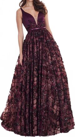Rachel Allan Floral Sequin Satin Prom Gown In Black Cherry