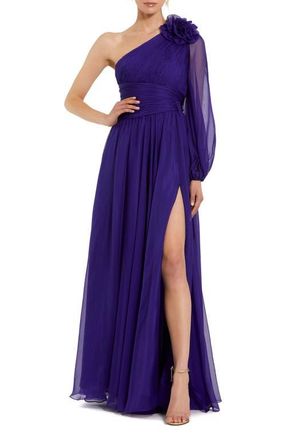 Mac Duggal One Sleeve Ruched Chiffon Gown With 3D Flower in Indigo at Nordstrom, Size 10