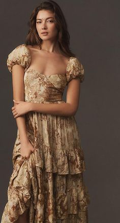 BHLDN Lurex Printed Tiered Puff-Sleeve Dress